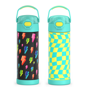 16oz FUNtainer  Water Bottles with Locking Lids Lightning Bolt & Wavy Checkers Teal Bundle
